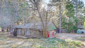 A rustic log cabin with a green roof, surrounded by trees and a dirt path. - MTB Base Camp! Rustic Cabin By Mt Laguna Trails (Mount Laguna)