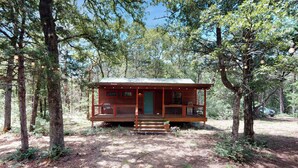 A small cabin with a porch, surrounded by trees. - Serene & Secluded Paige Cabin: Dogs Welcome! (Paige)