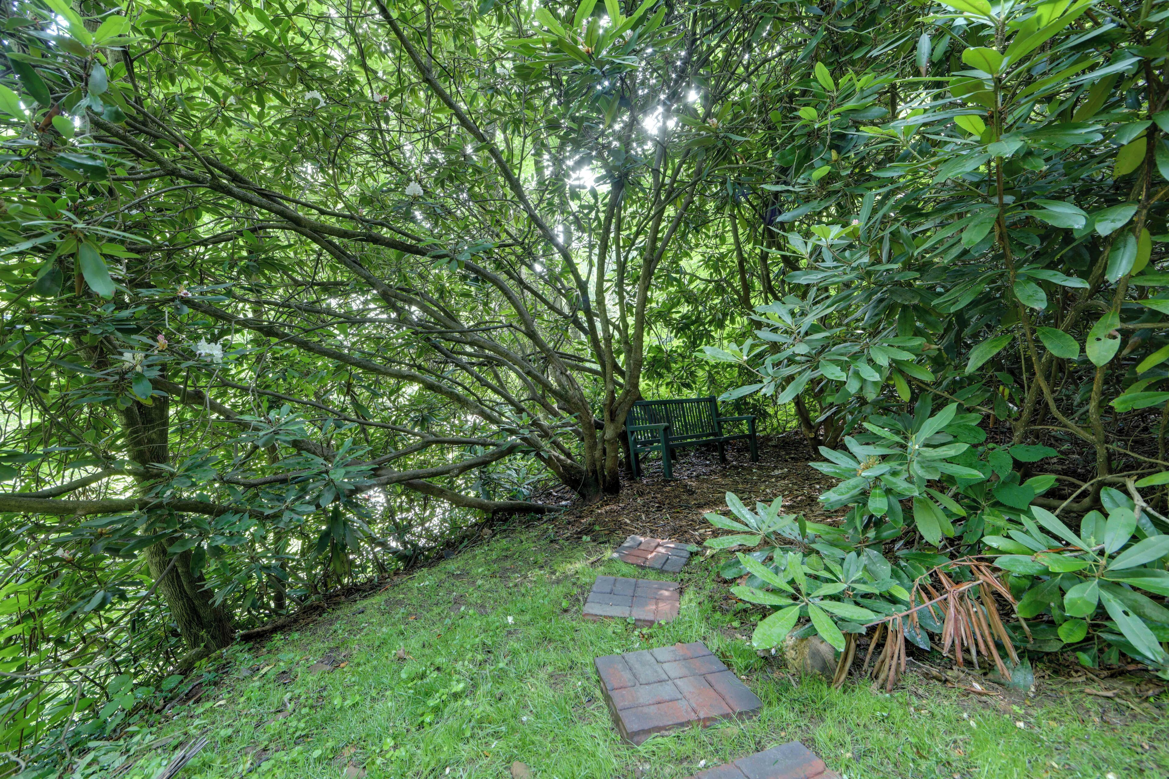 A garden with a paved path, lush greenery, and a bench.