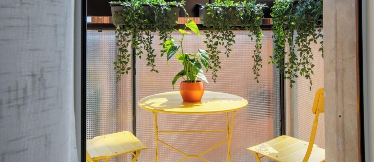 A yellow table with a potted plant in the center, surrounded by yellow chairs, in a room with a mesh screen wall.