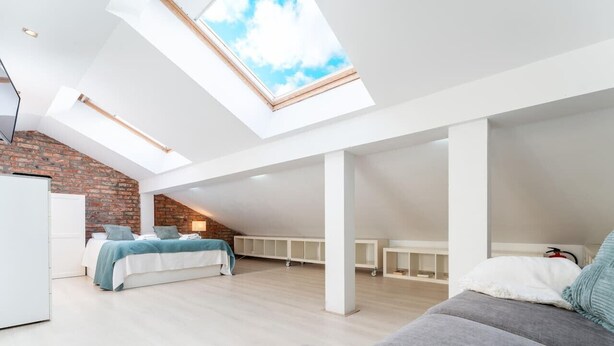 Ruime loft slaapkamer met dakraam, een bed, een slaapbank en een bakstenen muur.