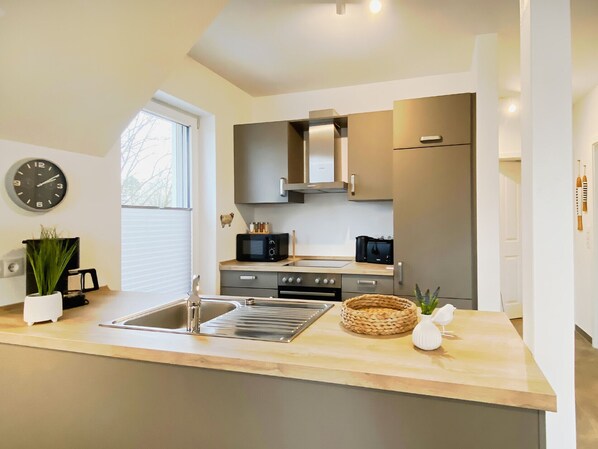 Fridge, microwave, oven, stovetop - Vacation apartment Schilfhaus, 2 bedrooms, sauna, whirlpool, balcony and garden (Nordhorn)