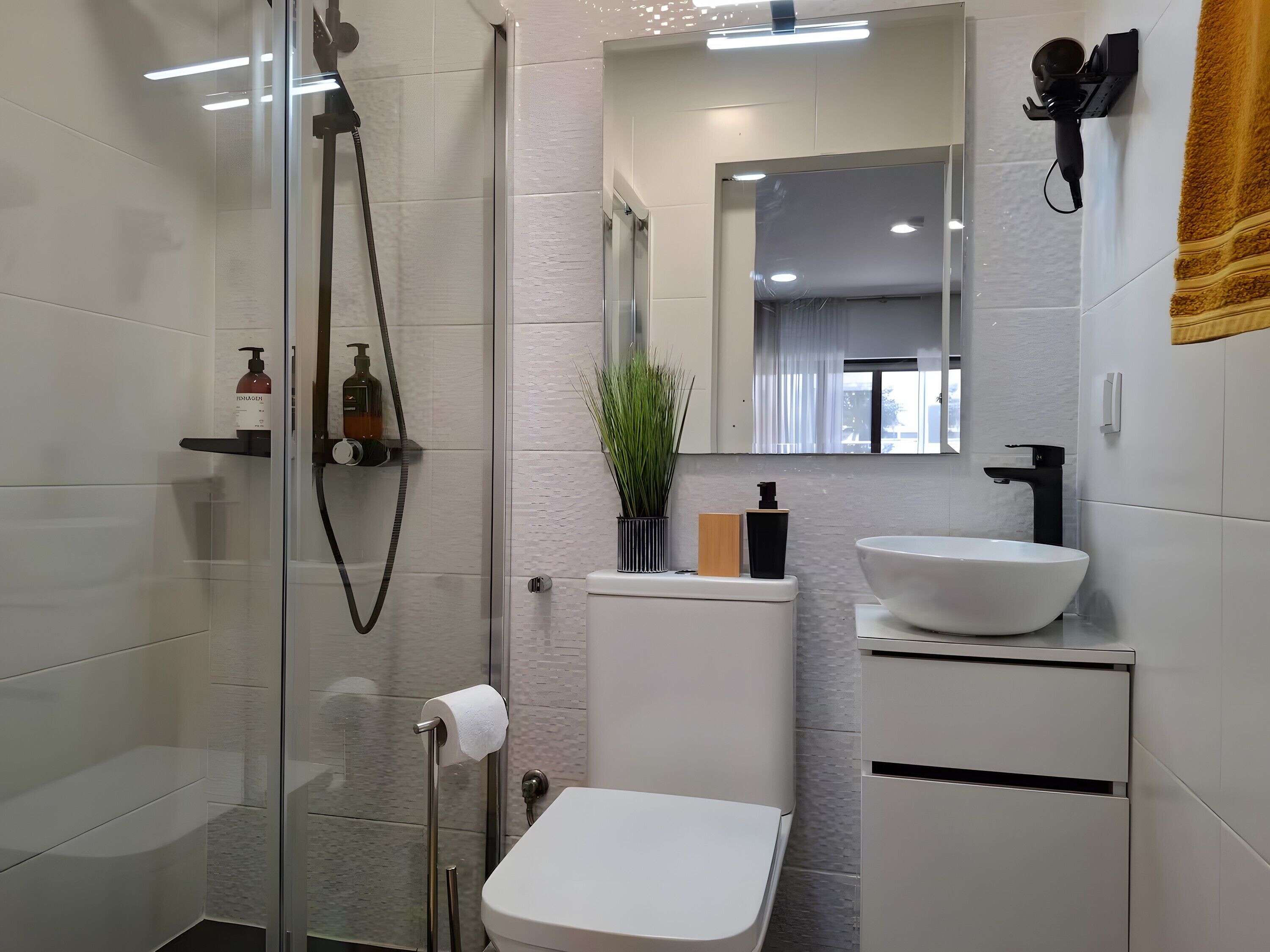 Shower, hair dryer, towels