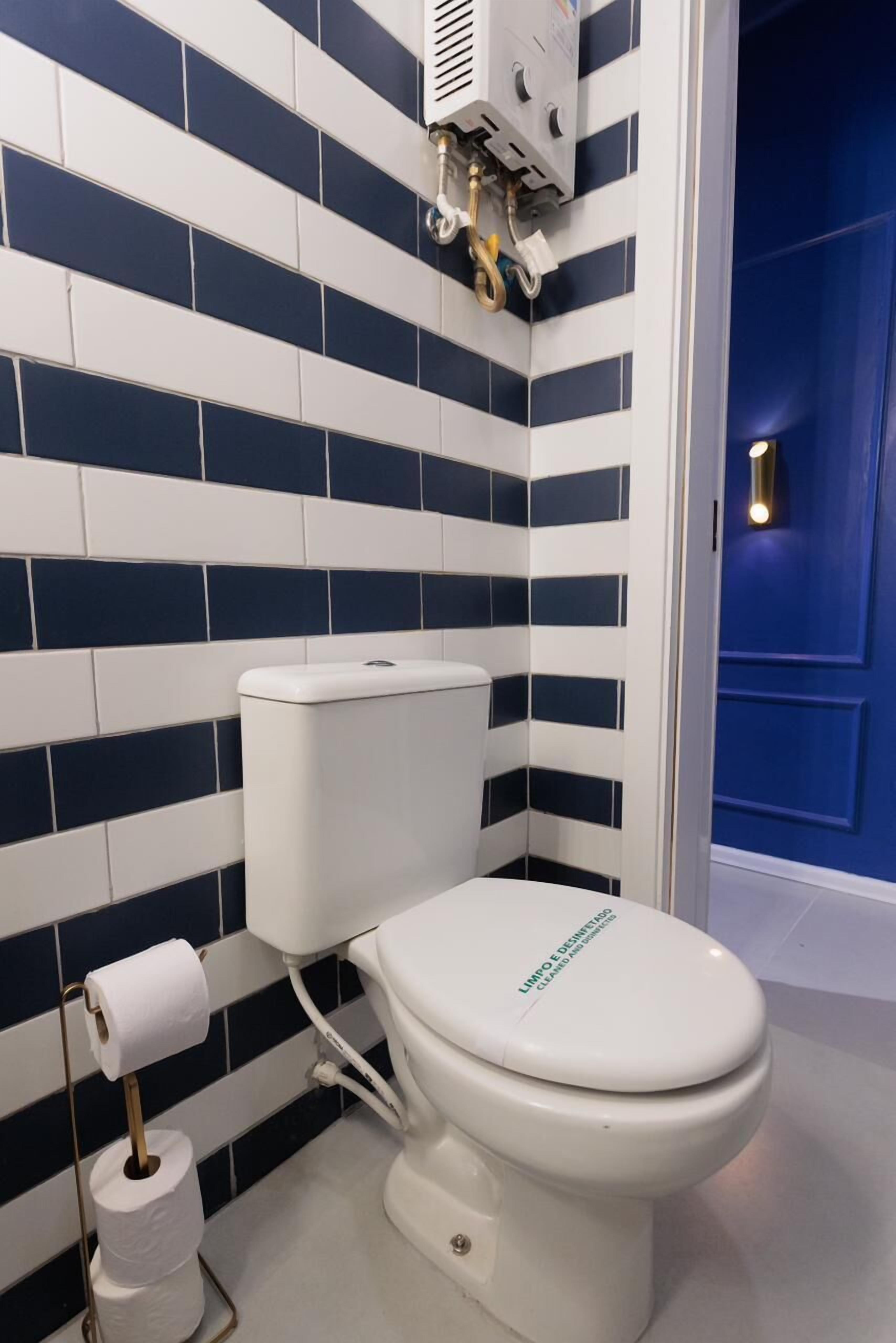 A bathroom with a white toilet, a roll of toilet paper, and a blue and white tiled wall.