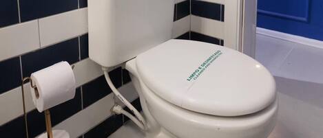 A bathroom with a white toilet, a roll of toilet paper, and a blue and white tiled wall.