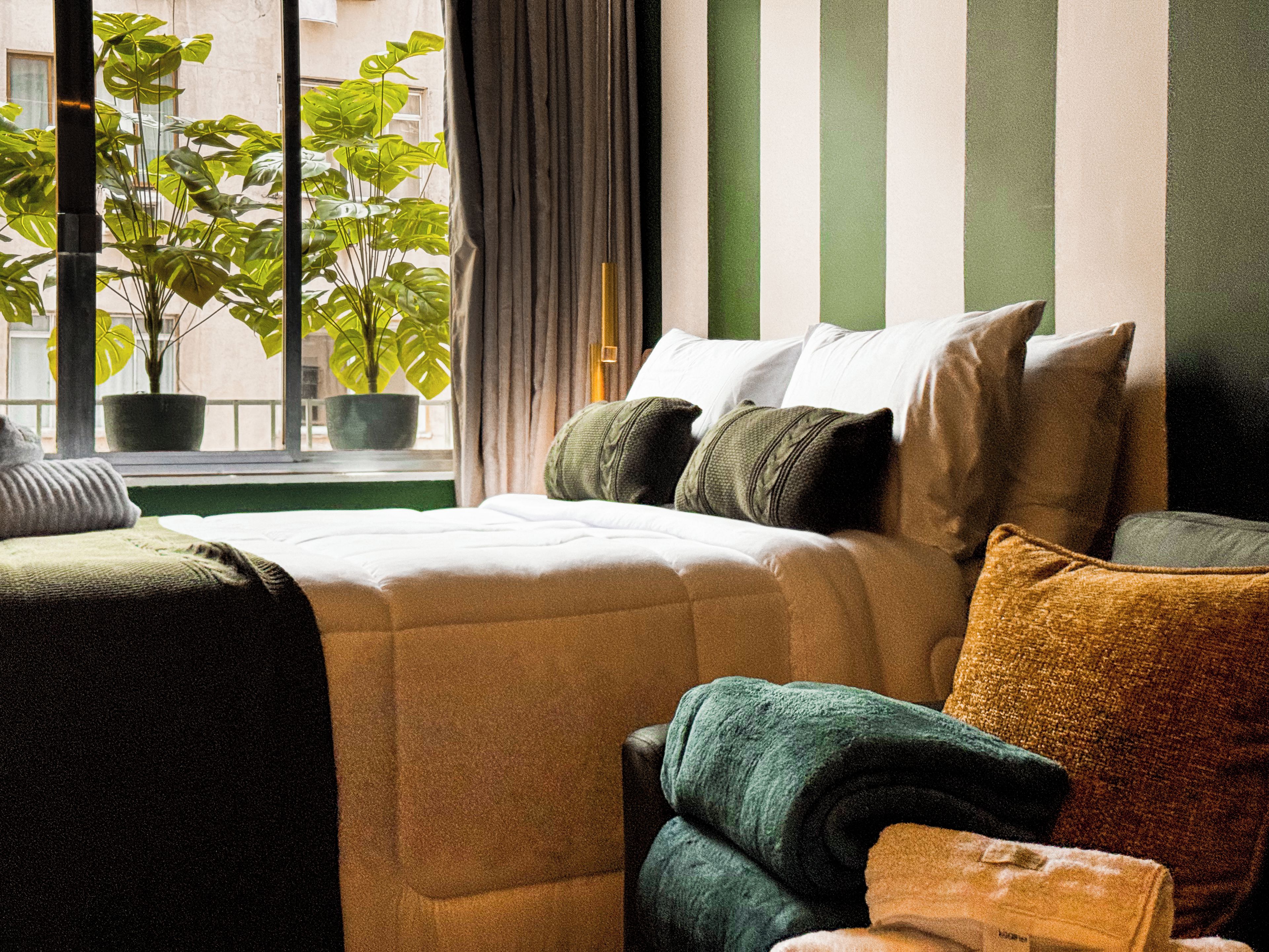 Un dormitorio con una cama, almohadas, una pared verde a rayas y una ventana con plantas.