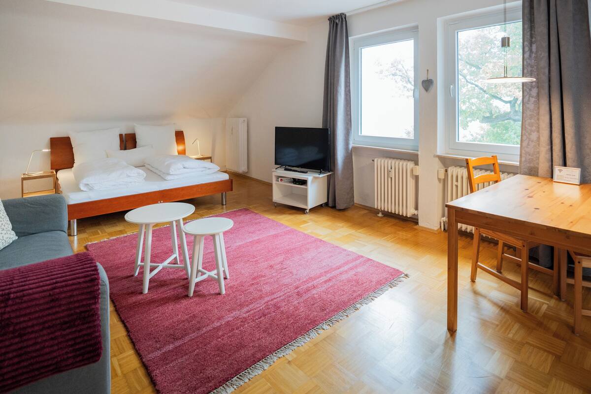 Ein Schlafzimmer mit Bett, Fernseher und einem Essbereich mit Tisch und Stühlen.