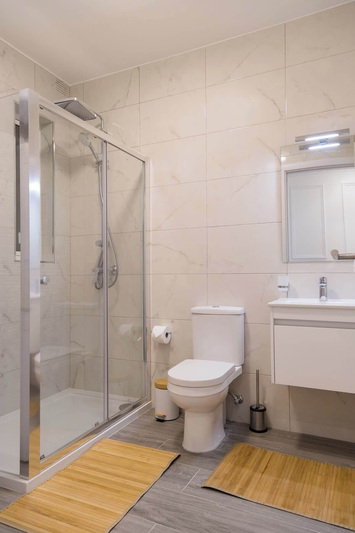 Shower, free toiletries, hair dryer, towels