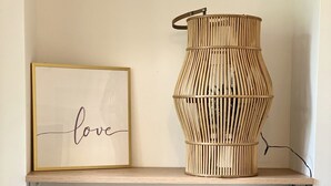 A shelf with a framed picture, a wicker vase, a cactus, a small metal container, and a hanging plant. - Modern Studio 3 in Historic Abbey (Cadier en Keer)