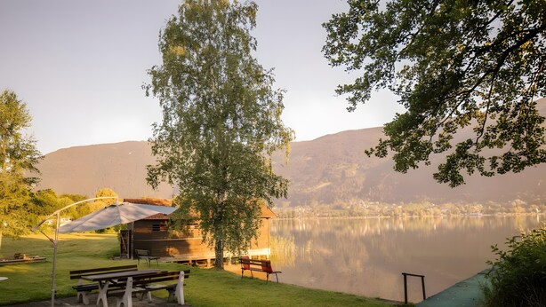 Un espace de pique-nique au bord du lac, équipé de bancs, d’une table et d’une table de pique-nique couverte.