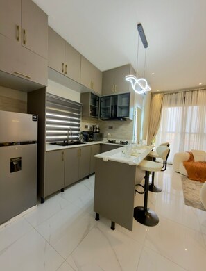 Apartemen Deluks, balkon, pemandangan kota | Dapur pribadi | Microwave