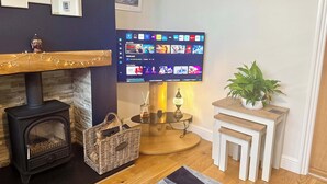 A cozy living room with a fireplace, a flat-screen TV mounted on the wall, a small table with a lamp, and a potted plant.