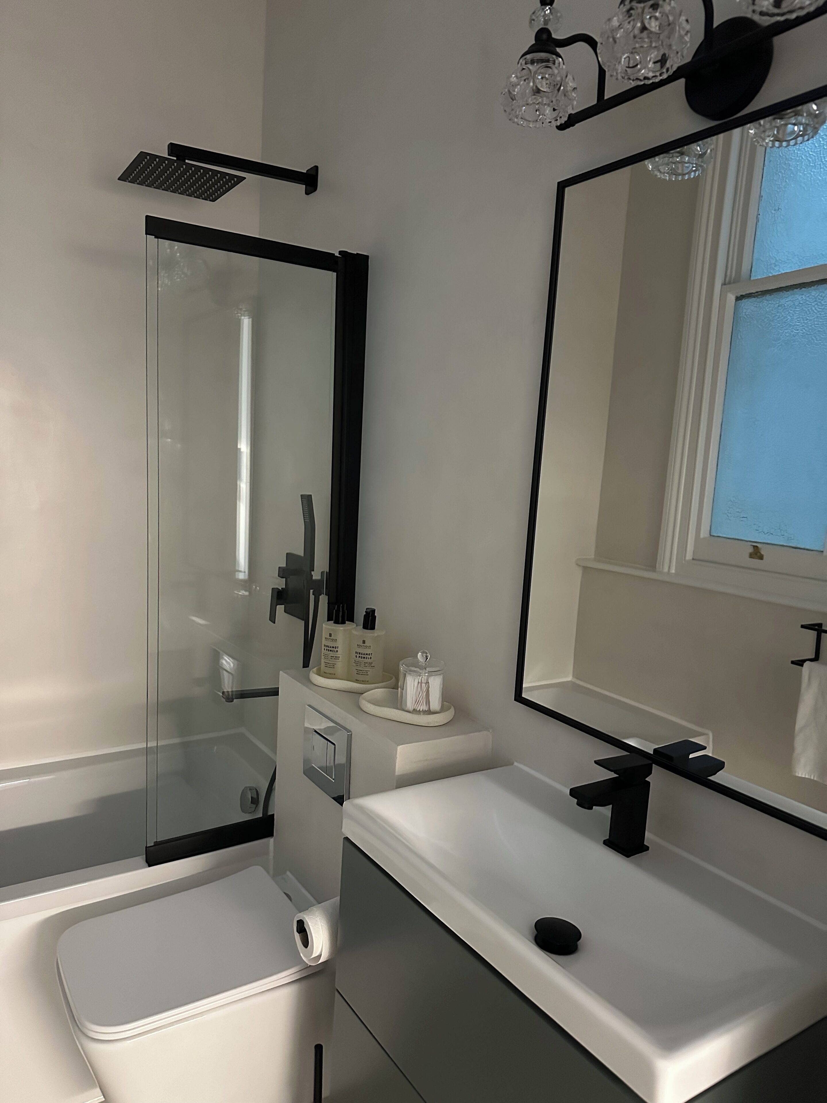 Hair dryer, towels, soap, toilet paper