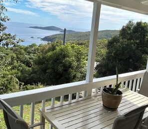 Ein Holztisch mit Topfpflanze auf einem Balkon mit Blick auf eine Küstenlandschaft, viel Grün und Meer.
