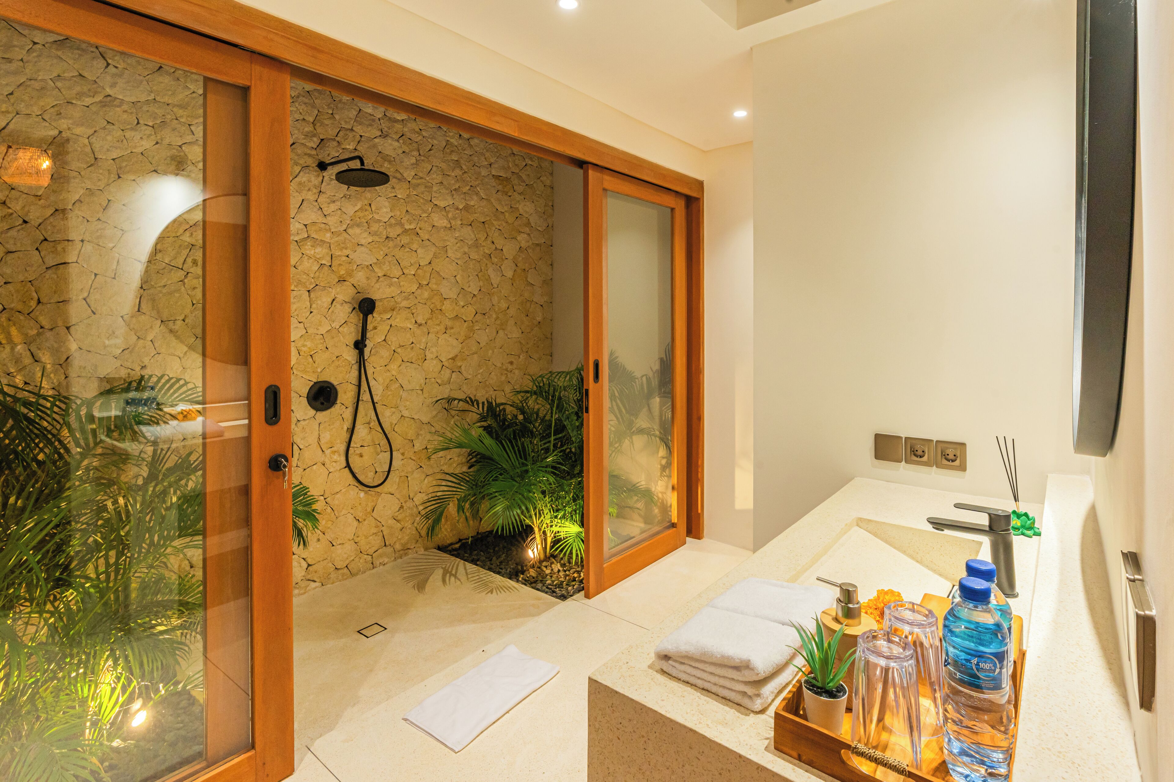 Shower, hair dryer, bidet, towels