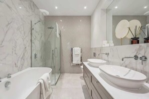 Shower, hair dryer, towels