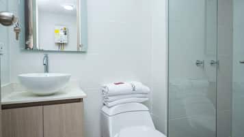 Superior Studio, City View | Bathroom | Shower, hydromassage showerhead, towels, soap