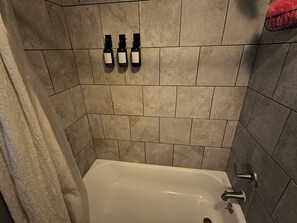 Hair dryer, towels, soap, shampoo