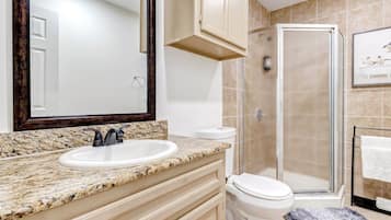 Hair dryer, towels, soap, toilet paper