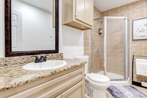 Hair dryer, towels, soap, toilet paper