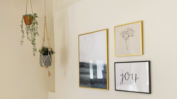 Een muur met drie ingelijste kunstwerken en twee hangplanten.