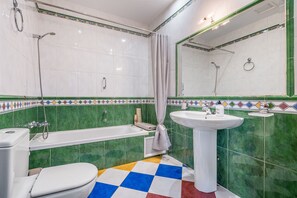 Shower, jetted tub, hair dryer, bidet