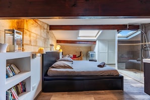 Une chambre moderne dotée d’une lucarne, d’une bibliothèque intégrée, d’un grand lit et d’une douche en verre.
