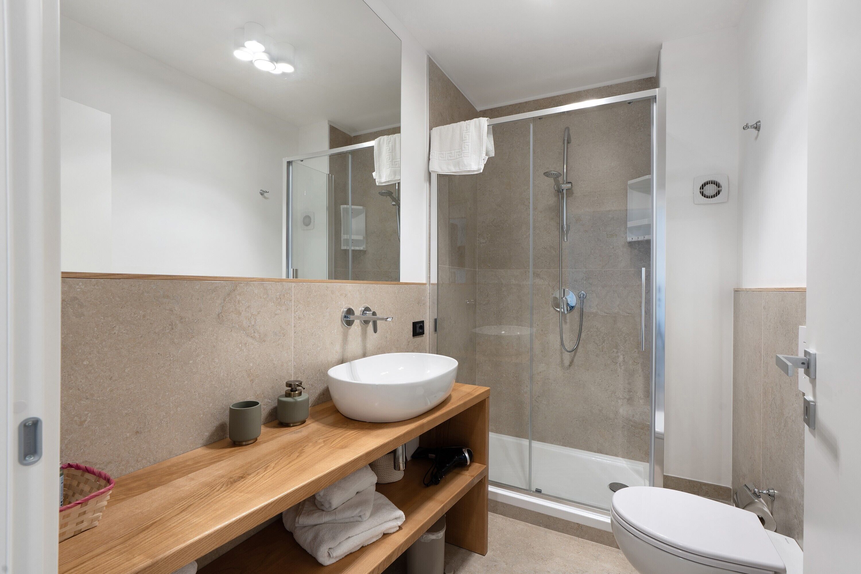 Shower, hair dryer, towels