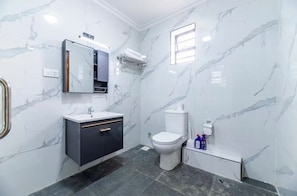 Shower, towels, soap, toilet paper