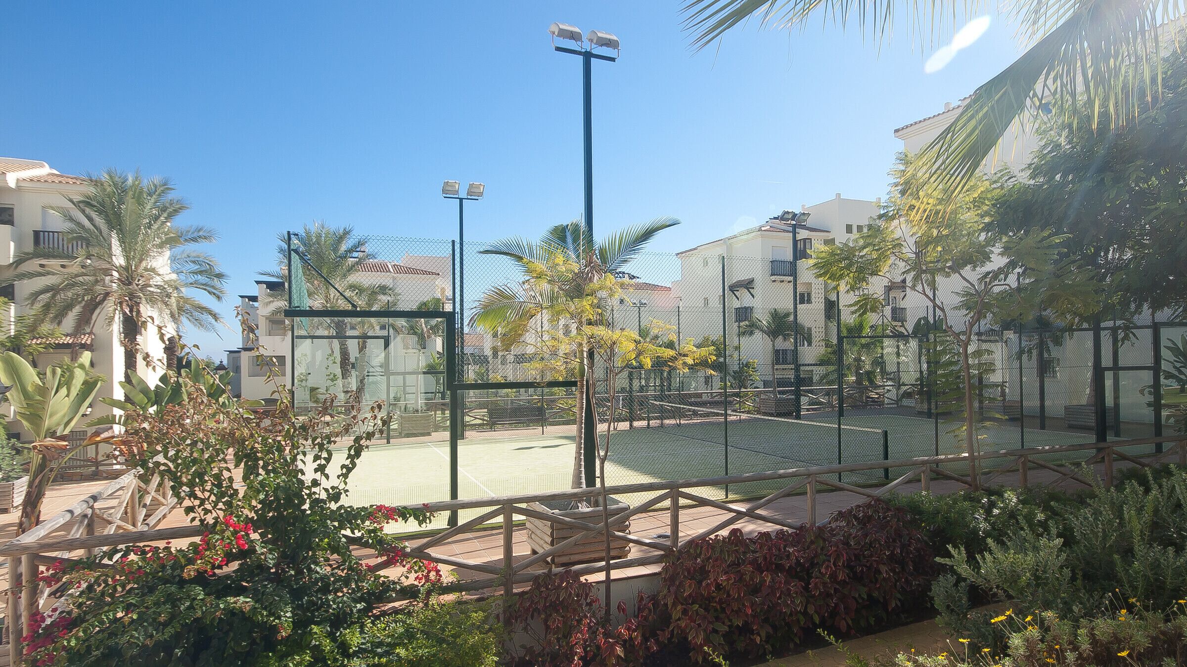 A tennis court surrounded by a fence, with palm trees and other greenery in the foreground.
