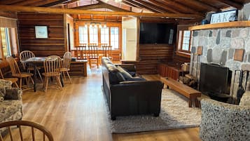 Smart TV, fireplace, books