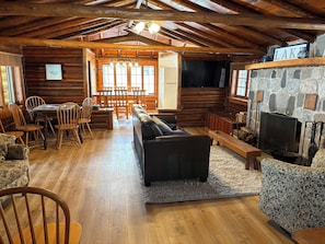 Smart TV, fireplace, books