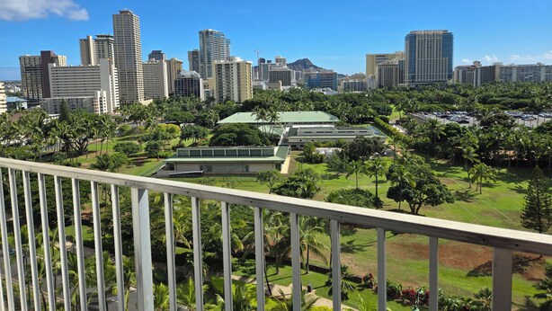 Paisagem urbana com edifícios altos e uma área de parque com palmeiras.