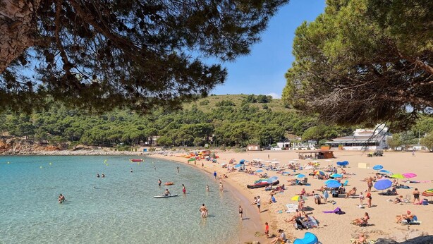 Ein Strand mit klarem Wasser, felsigem Ufer und Sonnenschirmen.