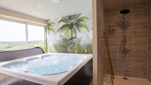 A modern bathroom with a jacuzzi, a shower, and a large window offering a view of the countryside. - Cottage for 11 with parking, spa, pets allowed (Paulin)