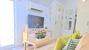 Un salon avec une télévision, une table en bois ornée de plantes, un canapé avec des coussins et une porte dotée d’un miroir.