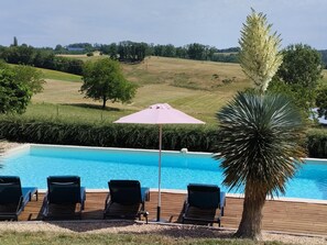 A swimming pool with lounge chairs and a palm tree. - Charming house in Hautefort with private pool, pets allowed (Hautefort)