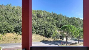 Un balcón con vista a una carretera y una ladera boscosa.