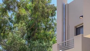 Un espace extérieur moderne, aménagé avec des meubles en osier et agrémenté d’une plante en pot.