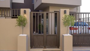 Une entrée fermée par un portail, dotée d’un design moderne, avec deux plantes en pot et un portail en métal.