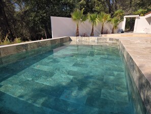 A clear swimming pool with a stone border, surrounded by trees and a white wall.
