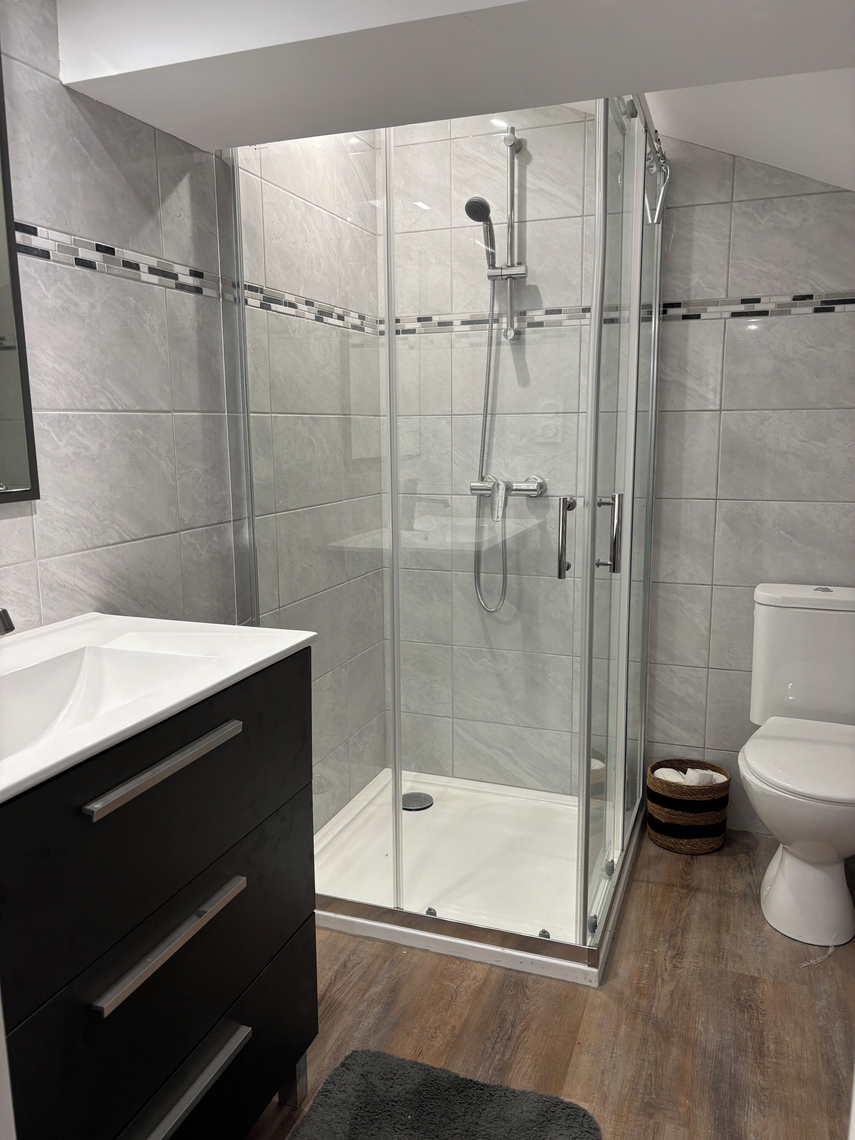 A modern bathroom with a glass-enclosed shower, a white sink, dark cabinetry, and a toilet.