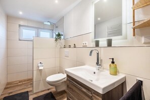 Chuveiro, secador de cabelo, toalhas de banho 