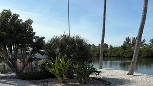 Une zone recouverte de gravier, avec des palmiers et une étendue d’eau en arrière-plan.