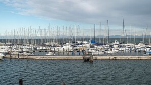 En småbåtshamn med ett stort antal segelbåtar förtöjda vid bryggorna.