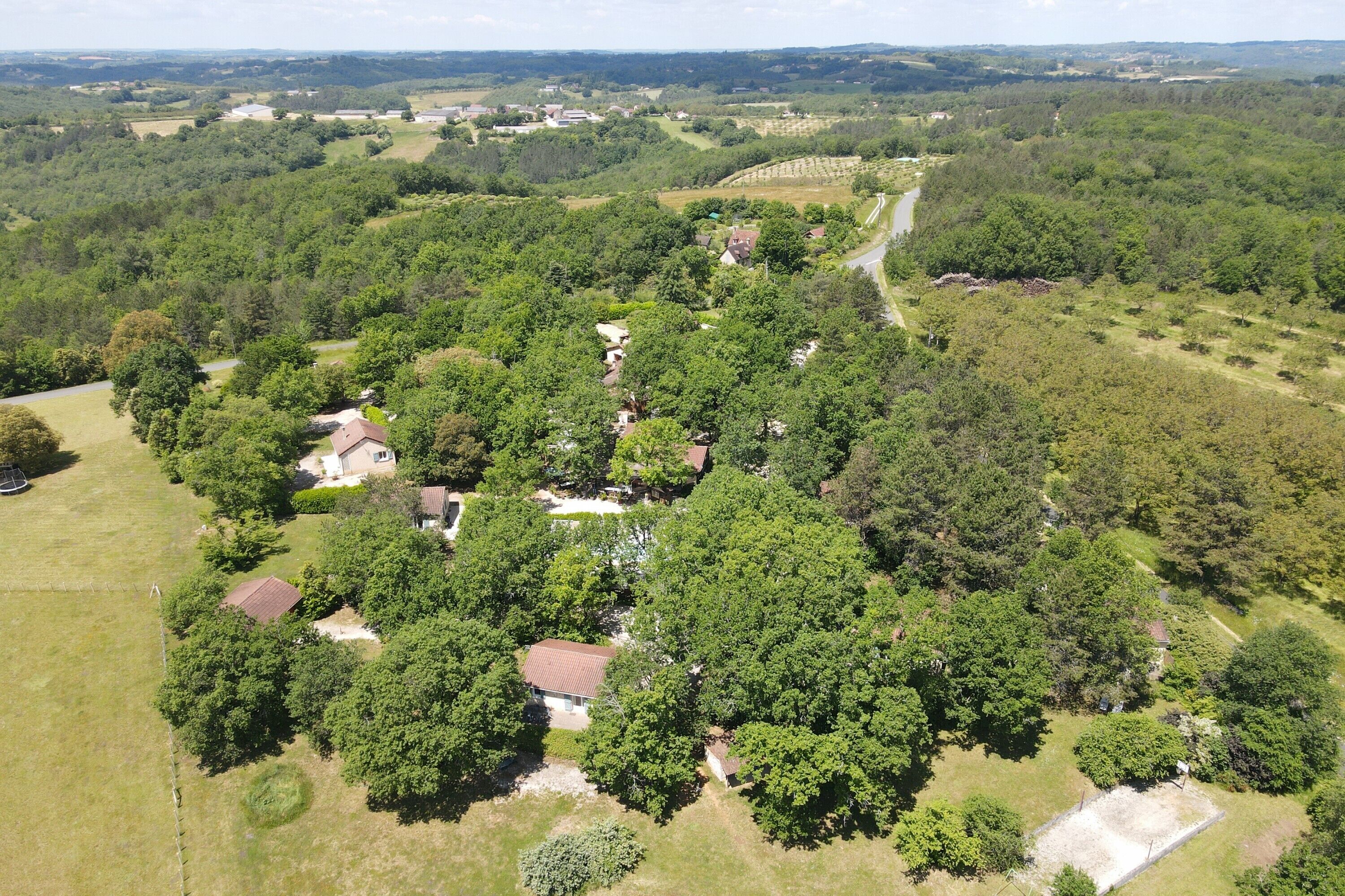 Vue aérienne d’un quartier résidentiel, avec des maisons entourées d’arbres denses et de vastes champs ouverts.
