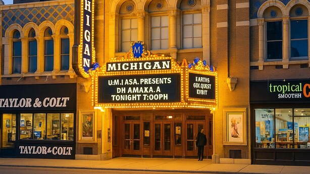 A theater with a marquee advertising a performance by U.M.I.A.S.A. and a presentation by Dh Amaka. - The Ann Arbor's Nest - Stylish Downtown Stay Near U-M, Dining & Attractions (Ann Arbor)