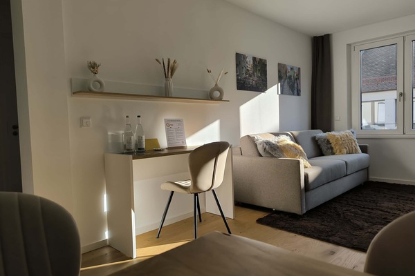 Gemütliches Wohnzimmer mit Arbeitsplatz