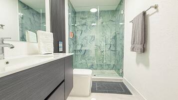 Shower, hair dryer, towels, soap