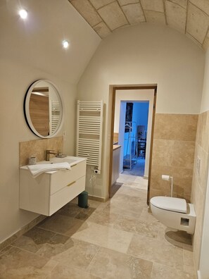 Chuveiro, secador de cabelo, toalhas de banho, sabonete